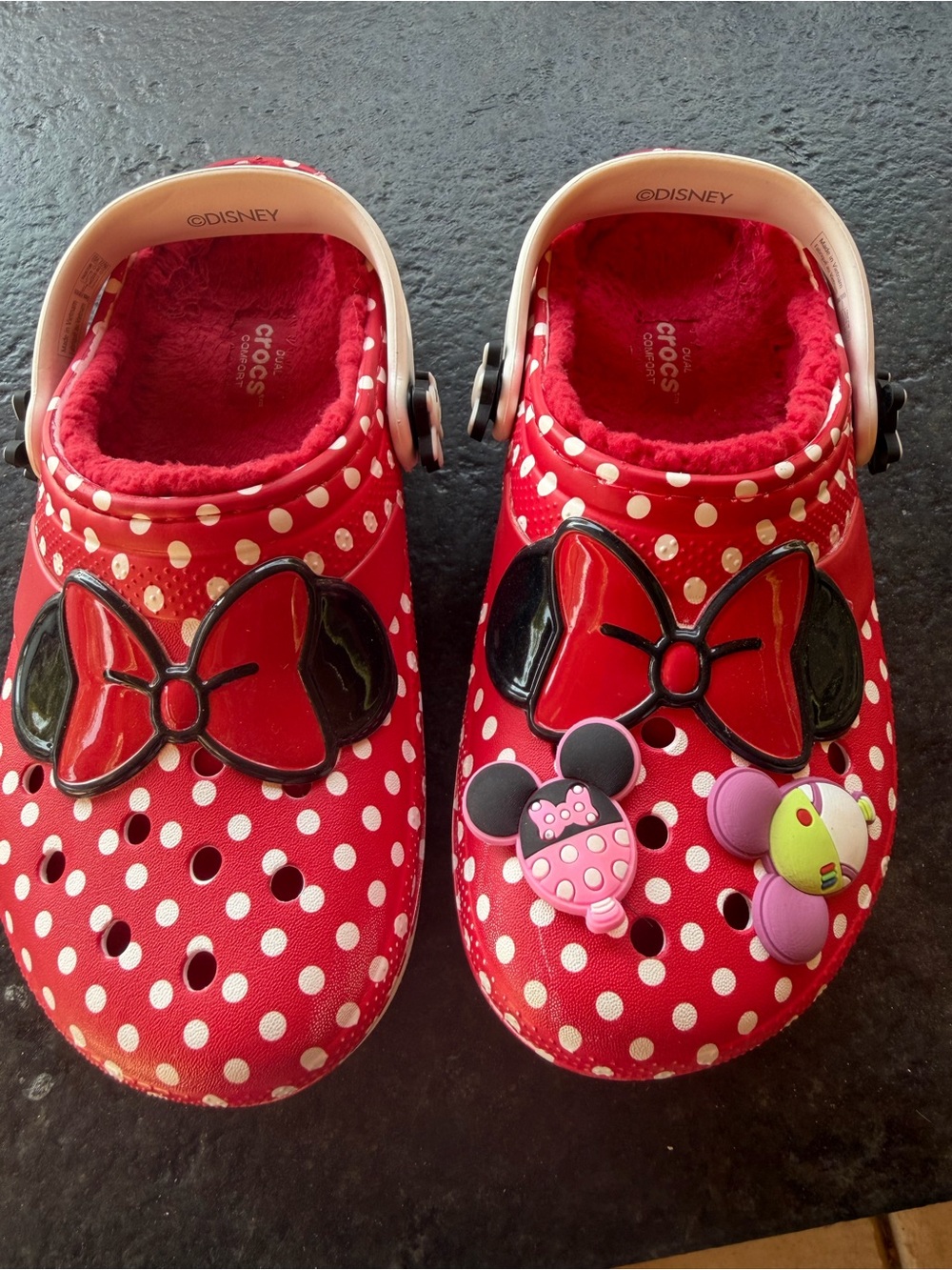 CROCS Kids' Red & White Polka Dot Minnie Bow Clogs with Plush Liner